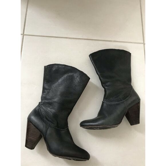 All Black Leather Pull On Calf Boots Green FLAWS - Picture 1 of 10